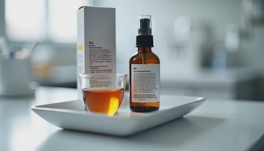 Serum carton and bottle with magnifying glass highlighting the ingredient list