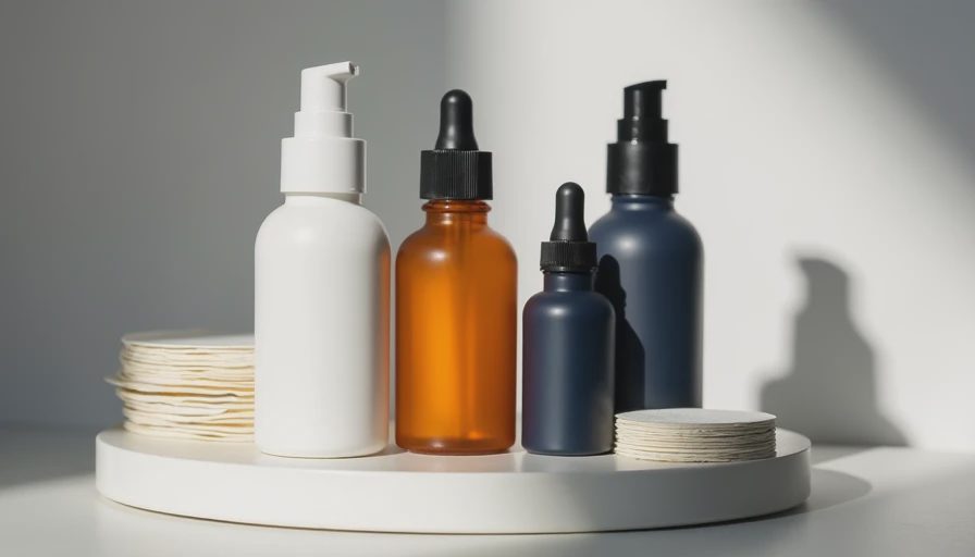 Core oily-skin routine products on ceramic tray with blotting papers