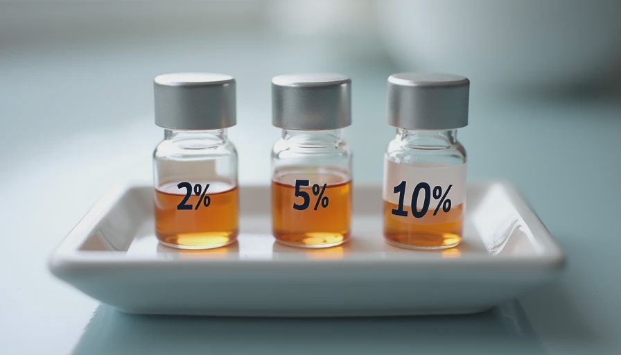 Three glass vials showing different niacinamide concentrations on a ceramic tray
