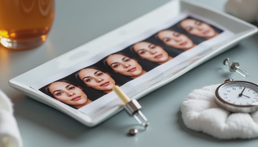Split-face photo strip and timer documenting two-week vitamin C comparison