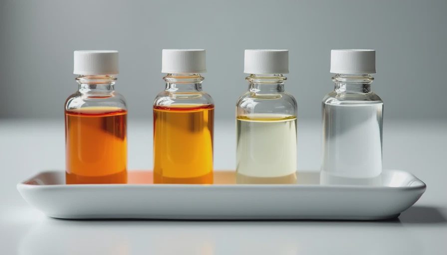 Four labeled glass vials comparing different vitamin A forms on a ceramic tray