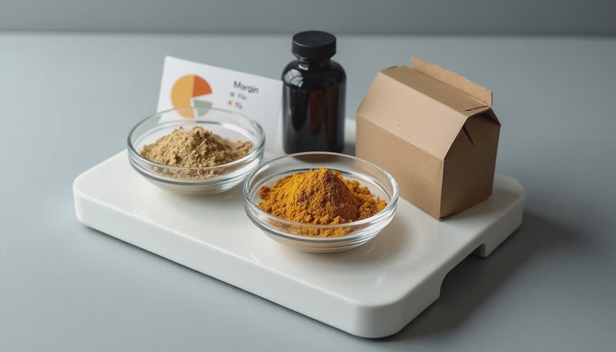 Serum packaging and ingredient elements arranged to show cost breakdown components