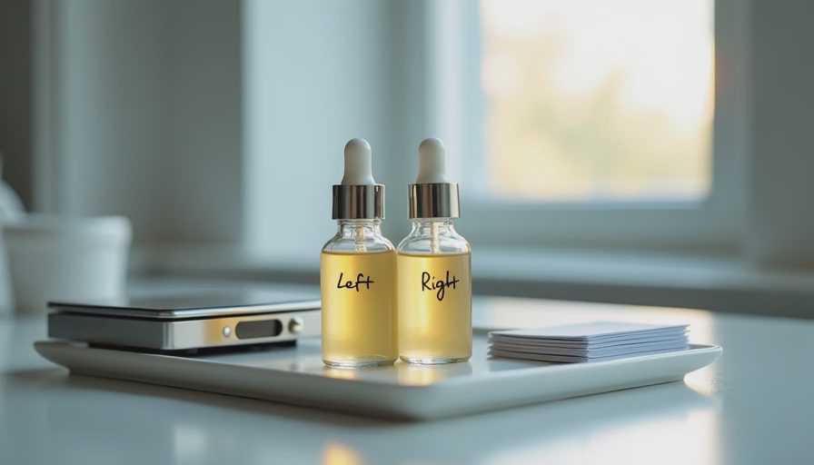 Side-by-side serum bottles with testing notes and scale on a clean ceramic tray