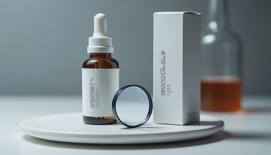 Serum bottle and carton with magnifying glass highlighting AHA and BHA on the ingredient list