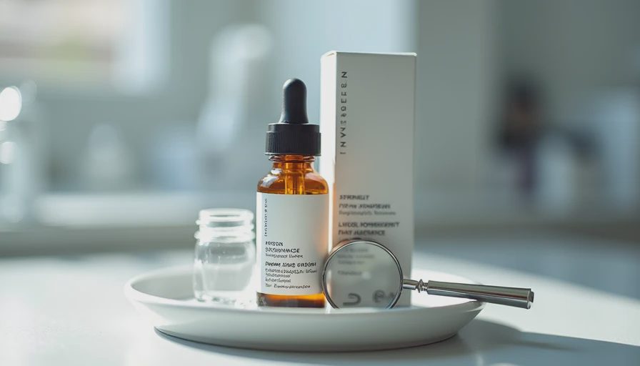 Serum bottle and carton with magnifying glass highlighting peptides on the ingredient list