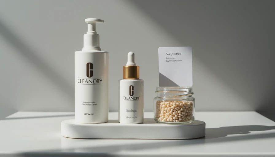 Luxury and drugstore cleansers with cost-component elements on a ceramic tray