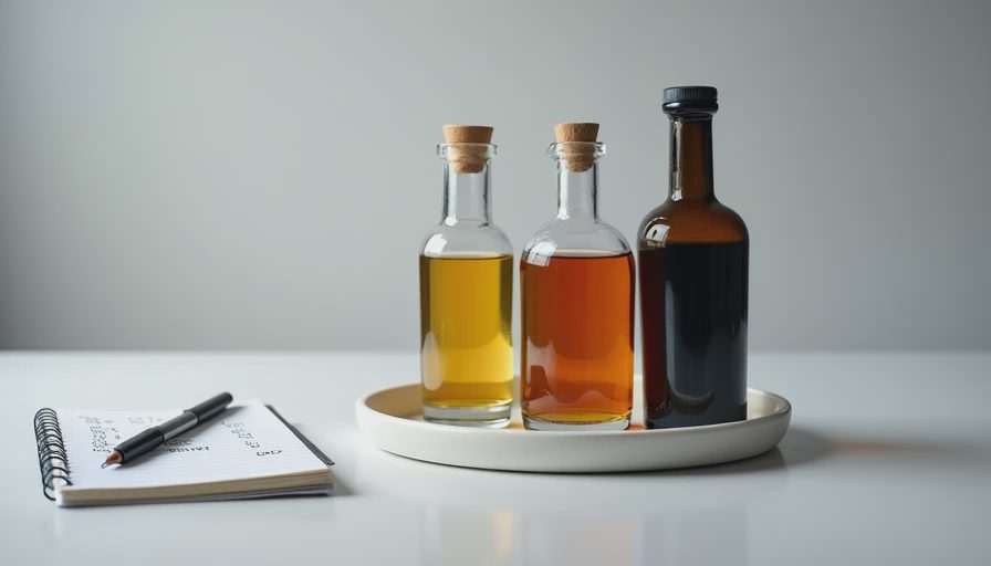 Three hyaluronic acid serums with cost-per-ounce calculations on a ceramic tray