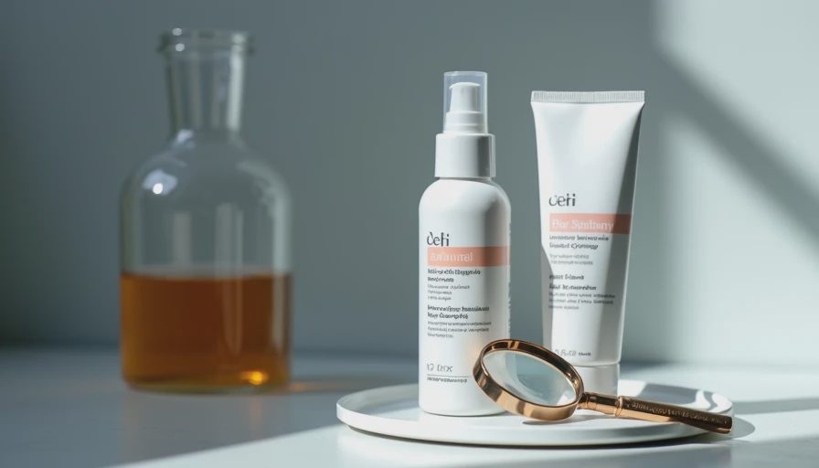 Close-up of skincare ingredient list with magnifying glass highlighting the top ingredients