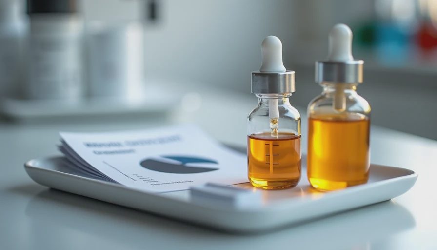 Serum bottle with certification cards and cost breakdown chart on a ceramic tray