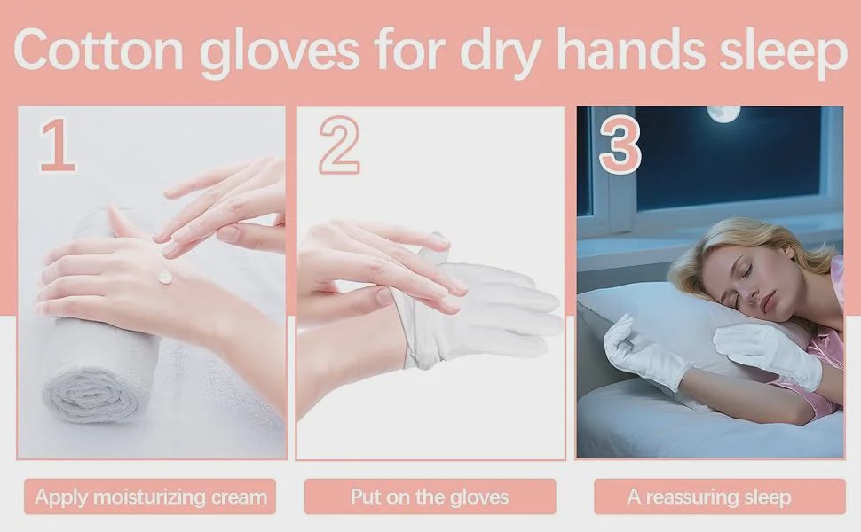 Step-by-step: apply cream, put on the gloves, sleep