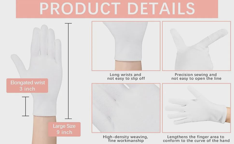 Product details: about 9 inches long, extended 3-inch wrist, reinforced seams